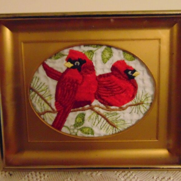 Two Embroidered Cardinals Sitting on Branch, Gold Frame, 6 x 5 inches - Picture 1 of 4